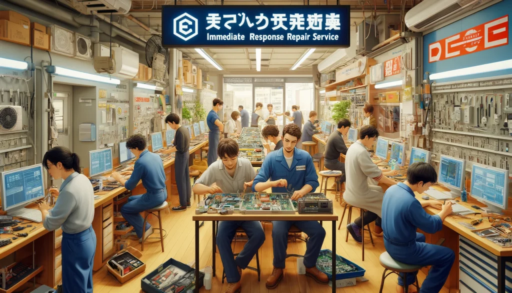 「日本の寝屋川市にある電子機器修理店の活気ある風景。多様な技術者が様々なデバイスの修理に取り組む様子を描いており、店内は整然として効率的でプロフェッショナルな雰囲気が感じられる。」