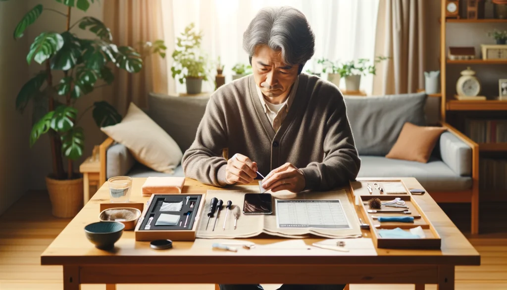 「中年の日本人男性が家庭のリビングでiPhoneのメンテナンスを行う様子。穏やかで整然とした空間で、スクリュードライバーやクリーニングクロスを使い、小さなマニュアルを参照している。背景には観葉植物とメンテナンスリマインダーが記されたカレンダーが見える。」