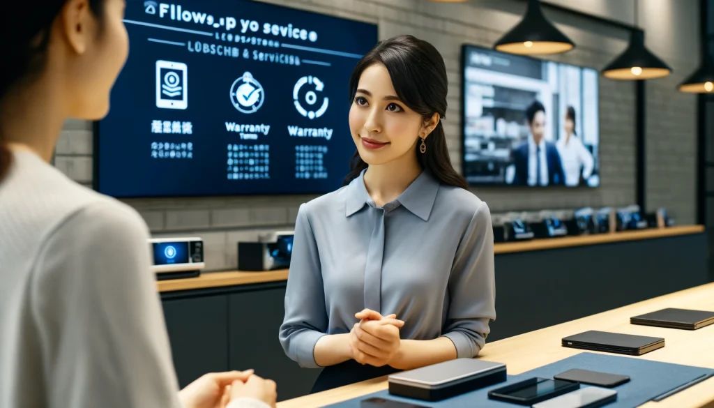 「現代的な電子機器修理店で保証詳細を説明する日本人女性。彼女は顧客に向かって信頼できるフォローアップと保証サービスについて説明しており、店内は整然として信頼性とプロフェッショナリズムを感じさせる。」